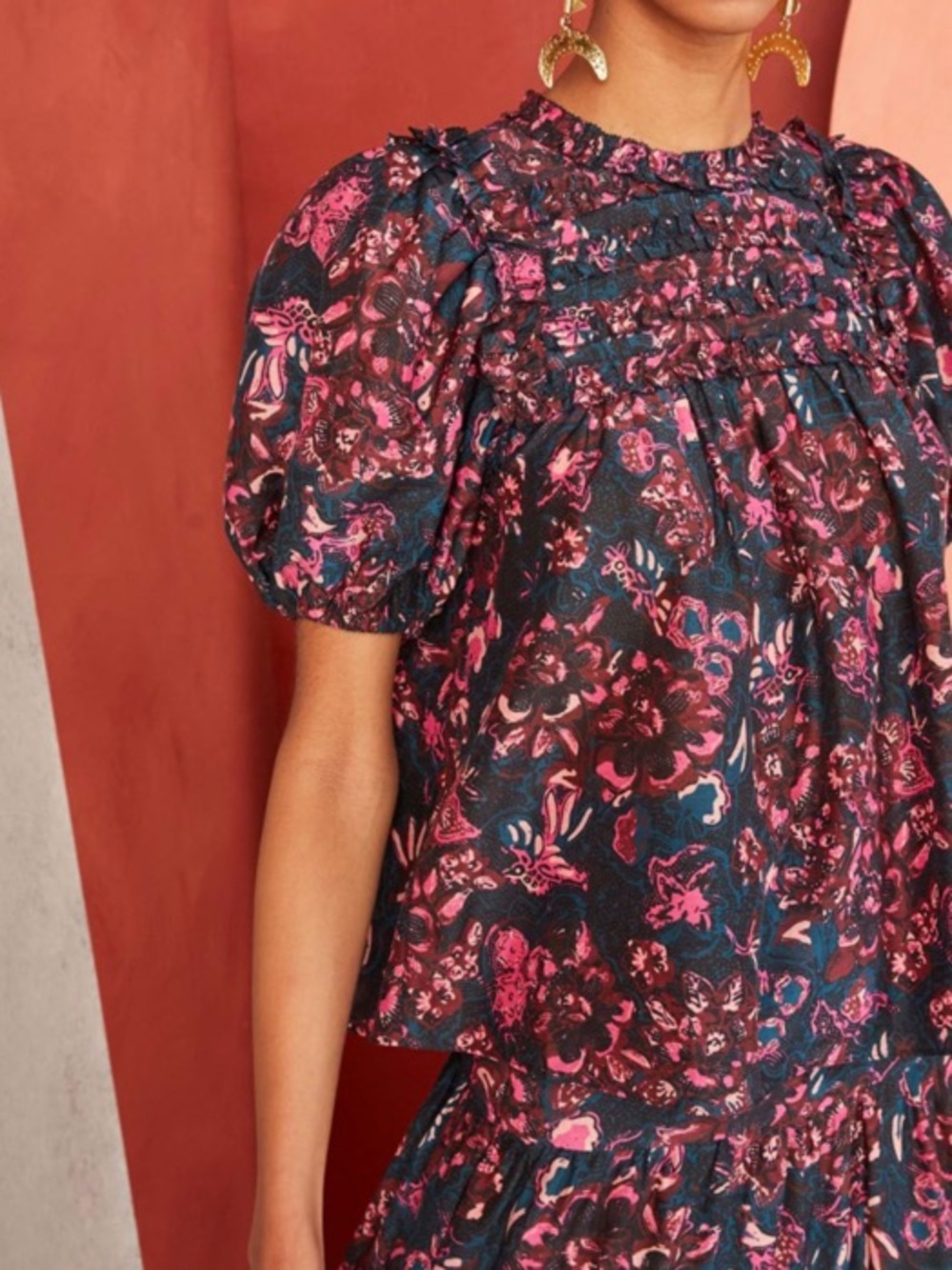 Ulla Johnson Navy and Pink Floral Puff-Sleeve Smocked Blouse
